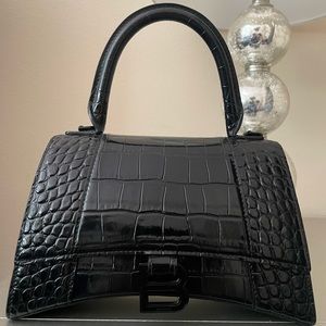 BALENCIAGA HOURGLASS SMALL HANDBAG CROCODILE EMBOSSED IN ALL BLACK